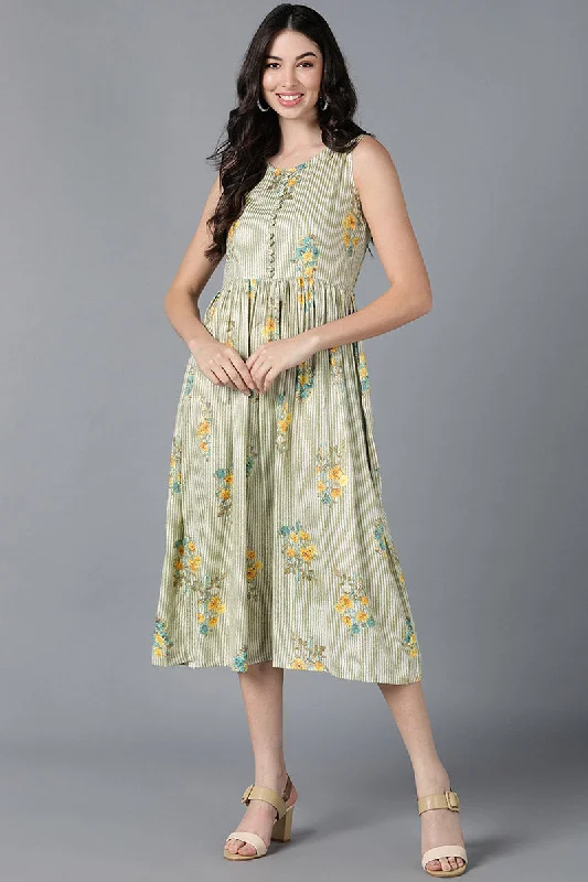 Women's Green Cotton Floral Printed Flared Midi Dress - Rasiya