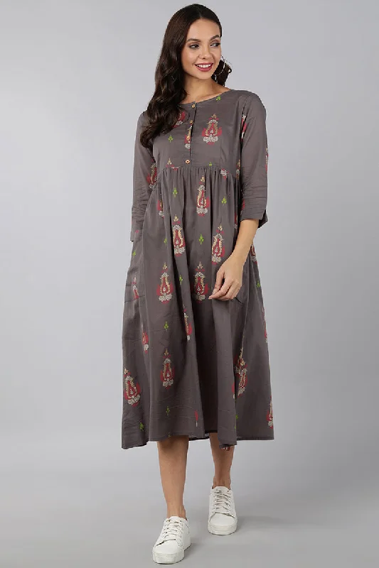 Women's Grey Cotton Ethnic Motifs Midi Dress - Rasiya