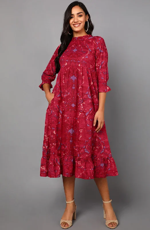 Women's Maroon Cotton Abstract Print Midi Dress - Rasiya