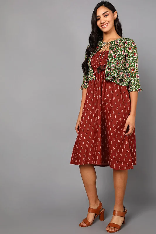 Women's Maroon Cotton Abstract Print Midi Dress - Rasiya