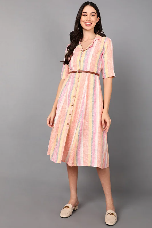 Women's Multicolor Cotton Striped Midi Dress - Rasiya