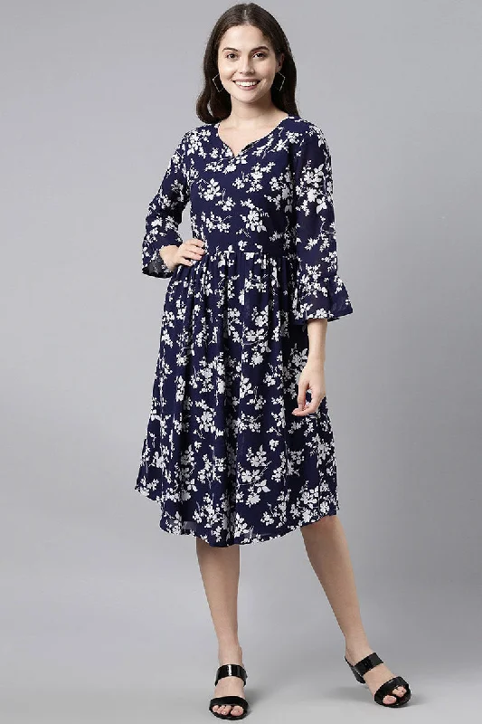 Women's Navy Blue Chiffon Floral Print Midi Dress - Rasiya