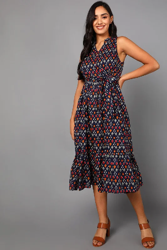 Women's Navy Blue Cotton Abstract Print Midi Dress - Rasiya