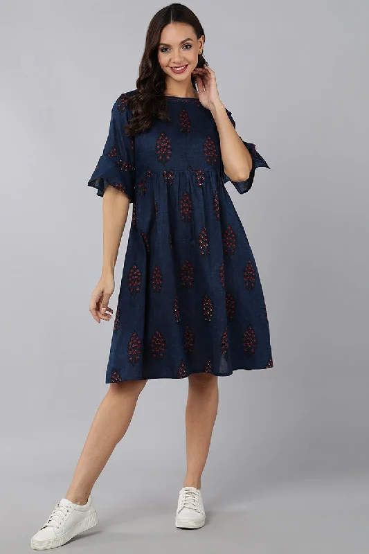 Women's Navy Blue Cotton Ethnic Motifs Midi Dress - Rasiya