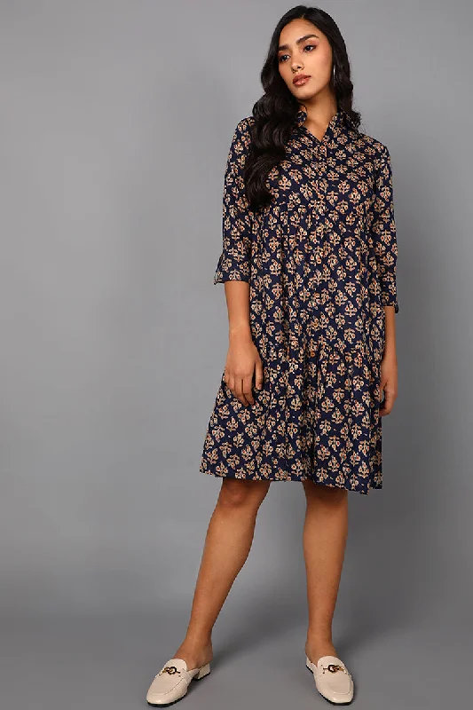 Women's Navy Blue Cotton Ethnic Motifs Midi Dress - Rasiya