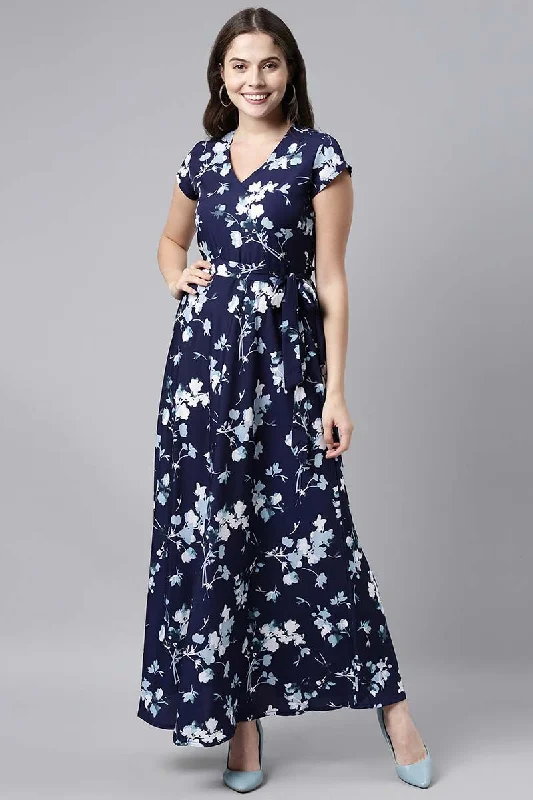 Women's Navy Blue Georgette Floral Print Maxi Dress - Rasiya