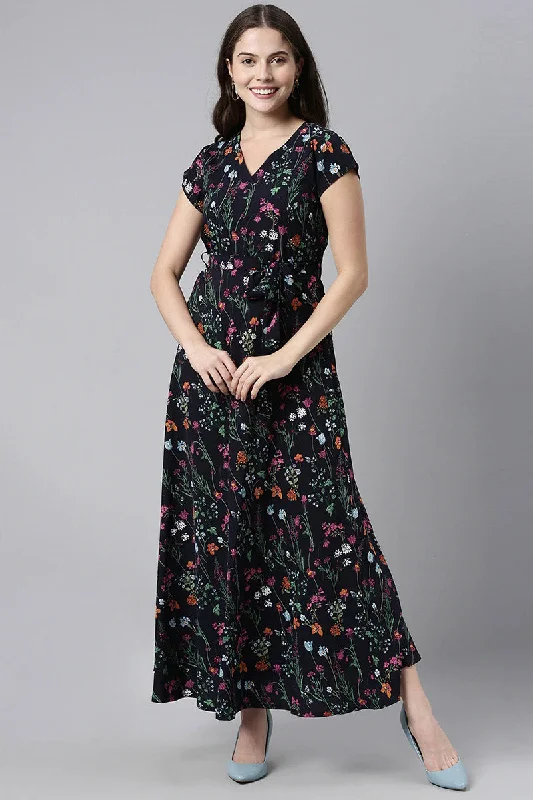 Women's Navy Blue Polyester Floral Printed Maxi Dress - Rasiya