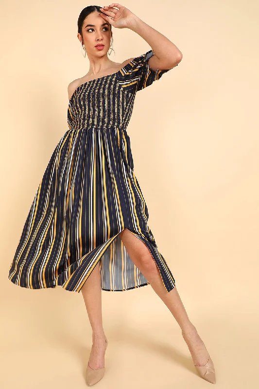 Women's Navy Blue Polyester Striped Off Shoulder Midi Dress - Rasiya