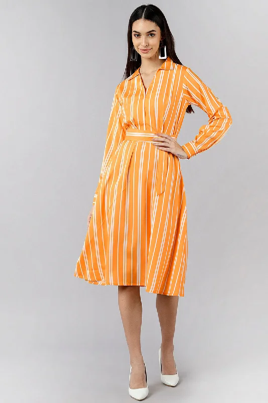 Women's Orange Polyester Striped Midi Dress - Rasiya