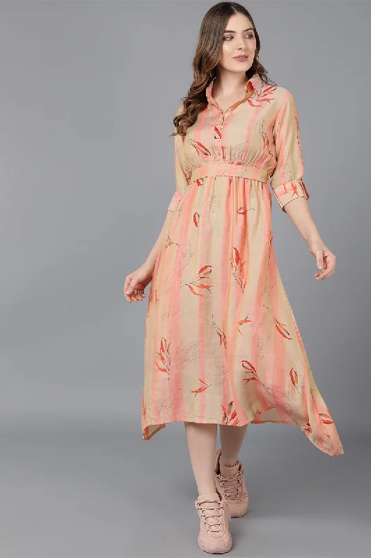 Women's Peach Crepe Floral Print Midi Dress - Rasiya