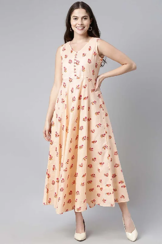 Women's Peach Pure Cotton Floral Printed Maxi Dress - Rasiya