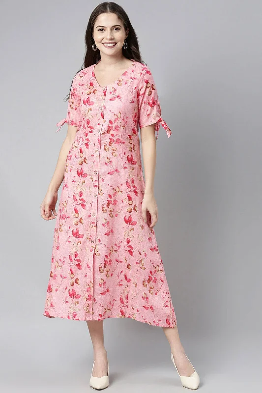 Women's Pink Cotton Floral Printed A-Line Midi Dress - Rasiya