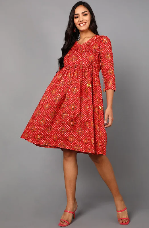 Women's Red Cotton Bandhani Midi Dress - Rasiya