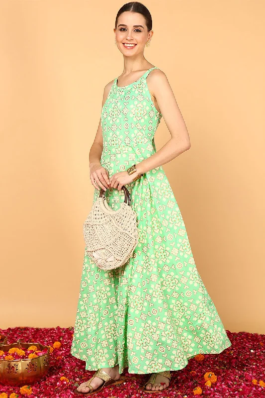 Women's Sea Green Cotton Flared Maxi Dress - Rasiya