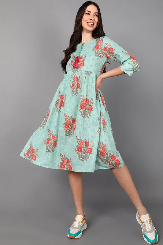 Women's Sea Green Cotton Floral Printed Midi Dress - Rasiya