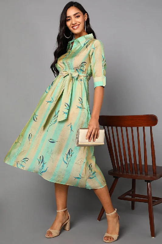 Women's Sea Green Polyester Abstract Print Midi Dress - Rasiya