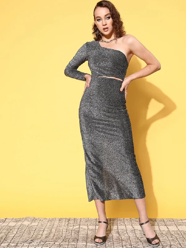 Massive Sale Event Lyush Women's Silver Lurex Waist Cut-Out One Shoulder Midi Dress