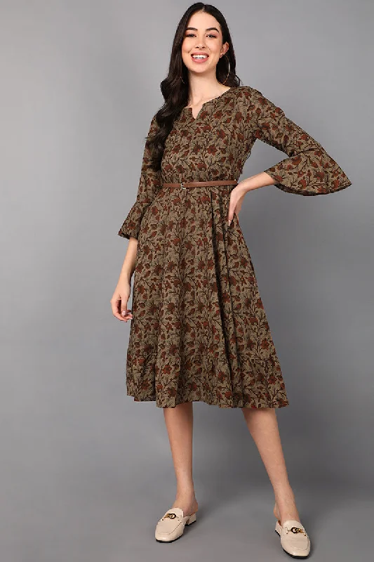 Women's Taupe Floral Printed Cotton Midi Dress - Rasiya