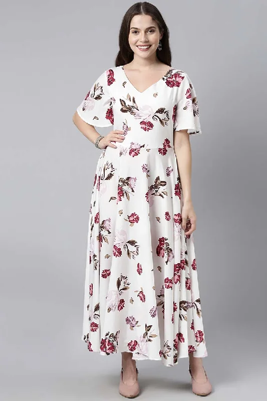 Women's White Crepe Floral Print Maxi Dress - Rasiya