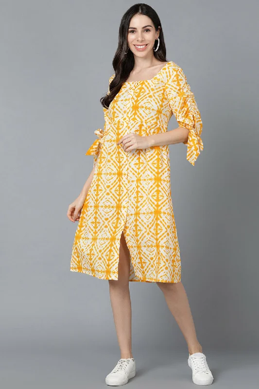 Women's Yellow Cotton Dyed A-Line Midi Dress - Rasiya