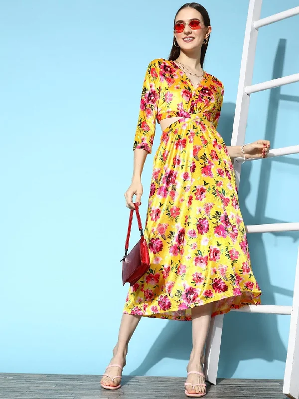 Price Cut Alert Lyush Women's Yellow Floral Velvet Side Cut-Out Midi Dress