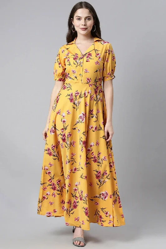 Women's Yellow Georgette Floral Print Maxi Dress - Rasiya