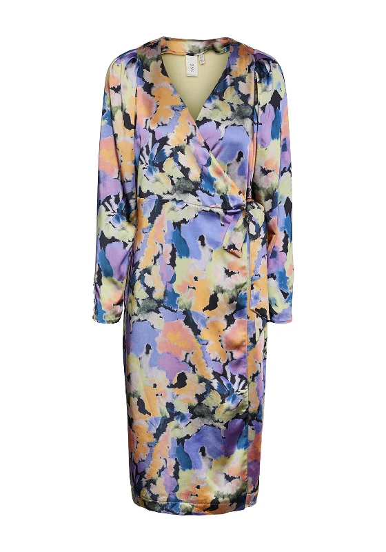 Y.A.S Watercolour Inspired Satin Wrap Midi Dress, Multi