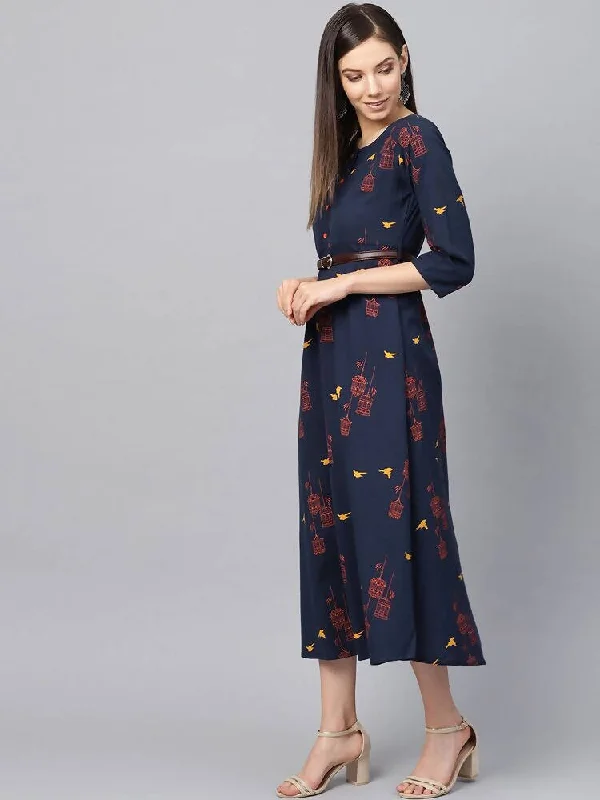 Exclusive Online Offers Yufta Women Navy Blue & Orange Quirky Printed Maxi Dress