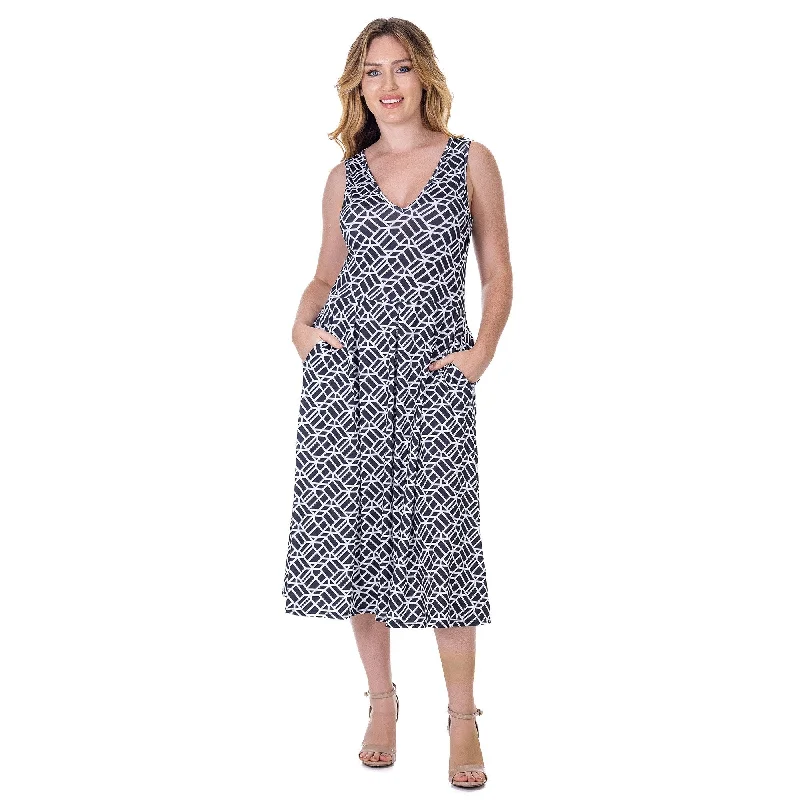 Weekend Hot Prices 24seven Comfort Apparel Womens Midi Length Black Geo Print Sleeveless Pleated Pocket Dress Weekend Hot Prices 24seven Comfort Apparel Womens Midi Length Black Geo Print Sleeveless Pleated Pocket Dress