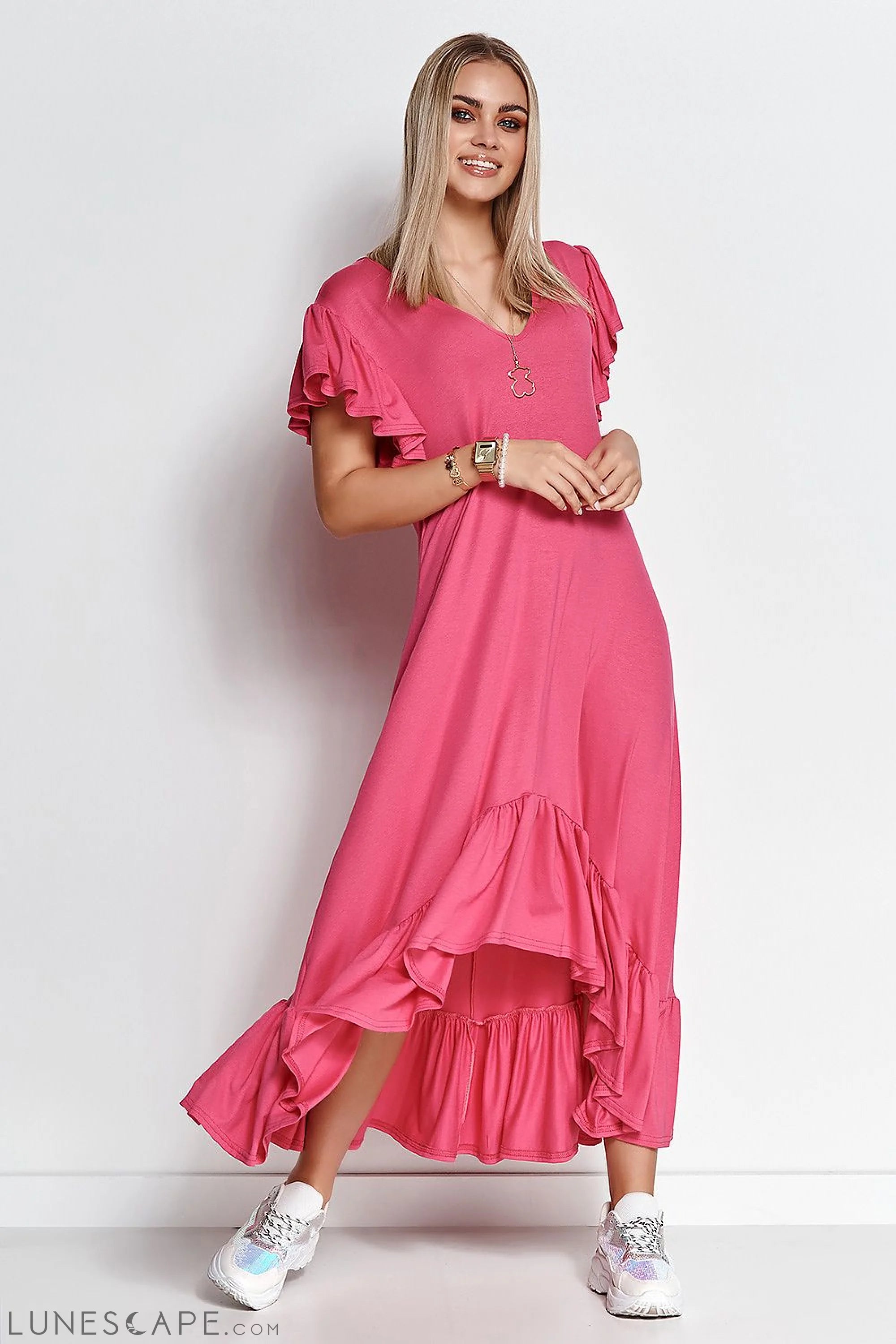 Weekend Bargain Blast A-Symmetrical Short Sleeve Maxi Dress - Pink