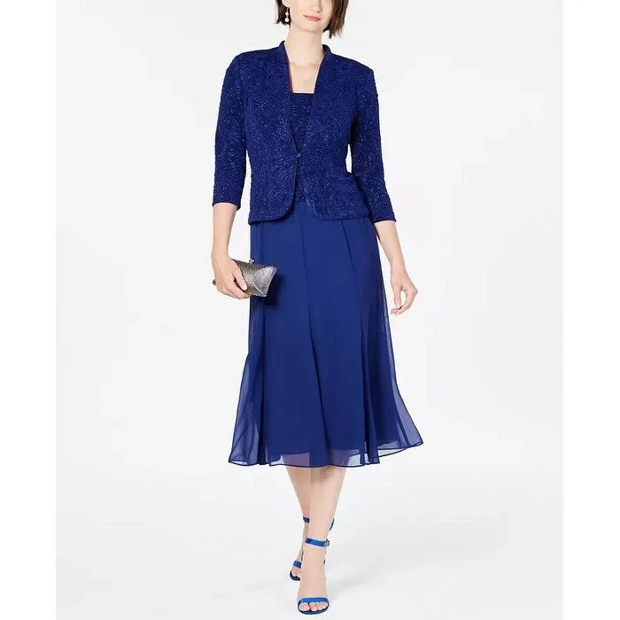 Weekend Steals Alex Evenings Women's Glitter Mock Two Piece Midi Dress With Jacket Blue Size 16 Weekend Steals Alex Evenings Women's Glitter Mock Two Piece Midi Dress With Jacket Blue Size 16