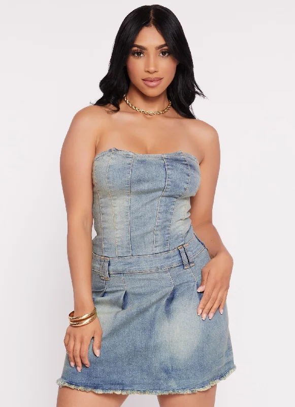 Weekend Markdowns Galore Strapless Pleated Denim Mini Dress