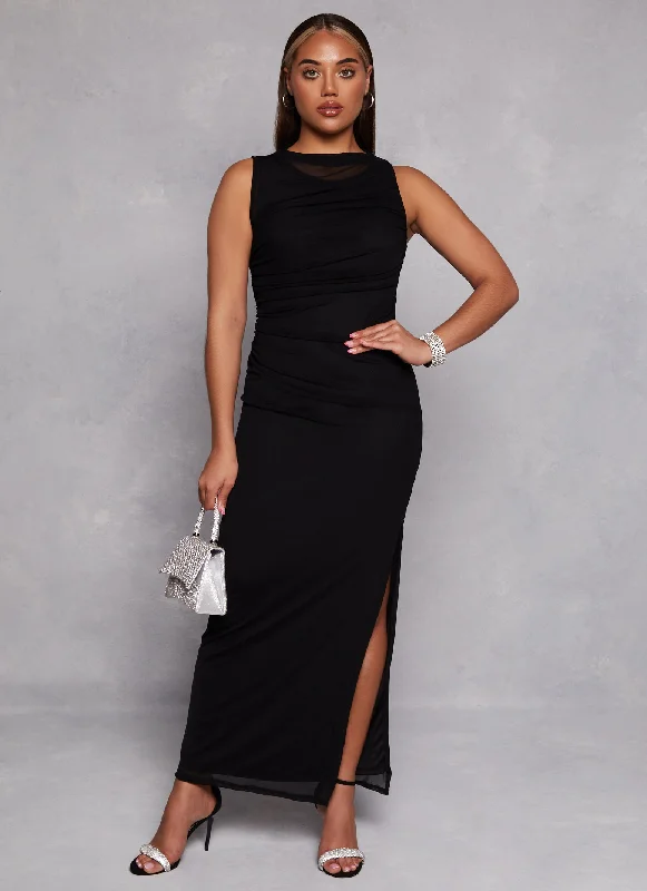Hot Picks Haute Monde Mesh High Cowl Neck Side Slit Maxi Dress