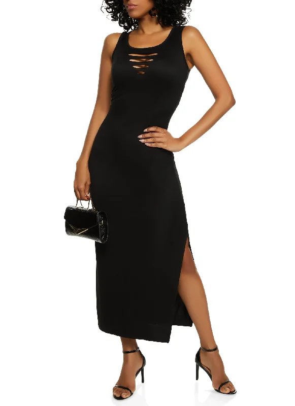 Special Price Drop Laser Cut Front Side Slit Tank Maxi Dress