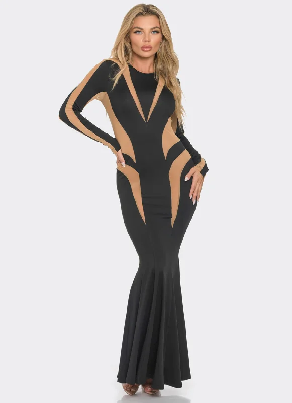 Limited-Time Deal Mesh Color Block Long Sleeve Maxi Dress