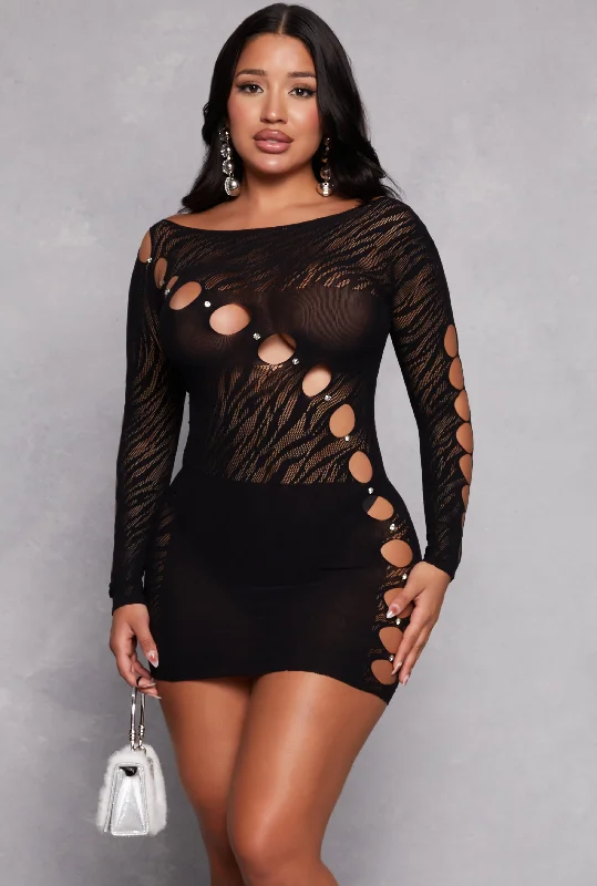 Weekend Super Savings Seamless Rhinestone Laser Cut Mini Dress