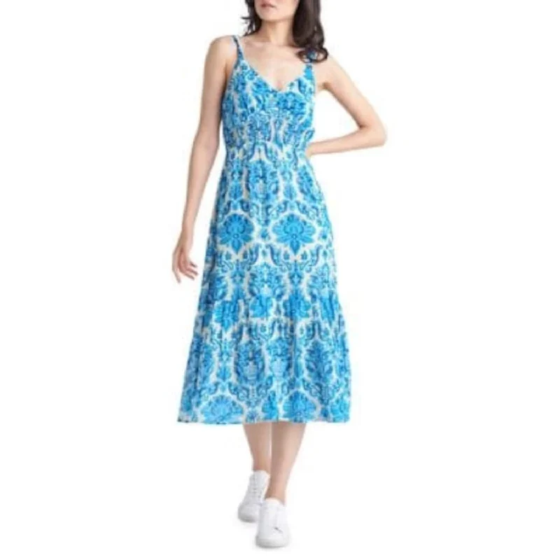 Buy More, Save More Black Tape Women's Smocked Tiered Skirt Lined Printed Sleeveless V Neck Midi Fit Flare Dress Blue Size X-Large Buy More, Save More Black Tape Women's Smocked Tiered Skirt Lined Printed Sleeveless V Neck Midi Fit Flare Dress Blue Size X-Large