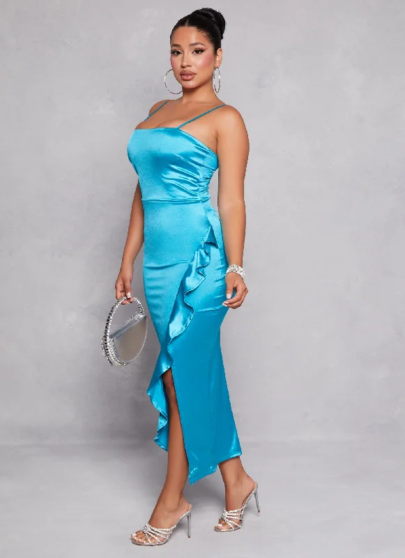 Offer of the Day Asymmetrical Ruffled Side Slit Maxi Dress