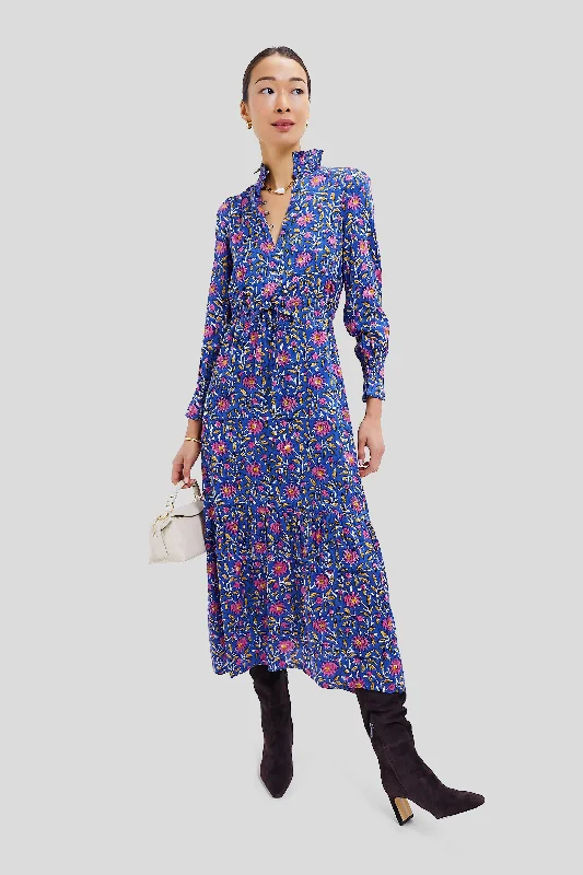 Weekend Bargain Shopping Blue Chrysanthemum Satin Lucybella Maxi Dress 2