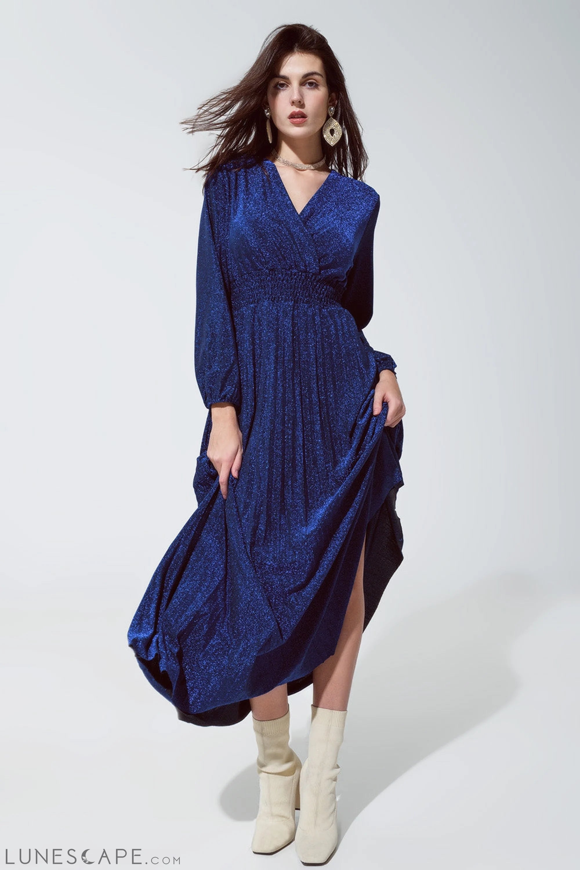 Weekend Only Sale Blue Shiny Fitted High Waist Maxi Dress With v Neck