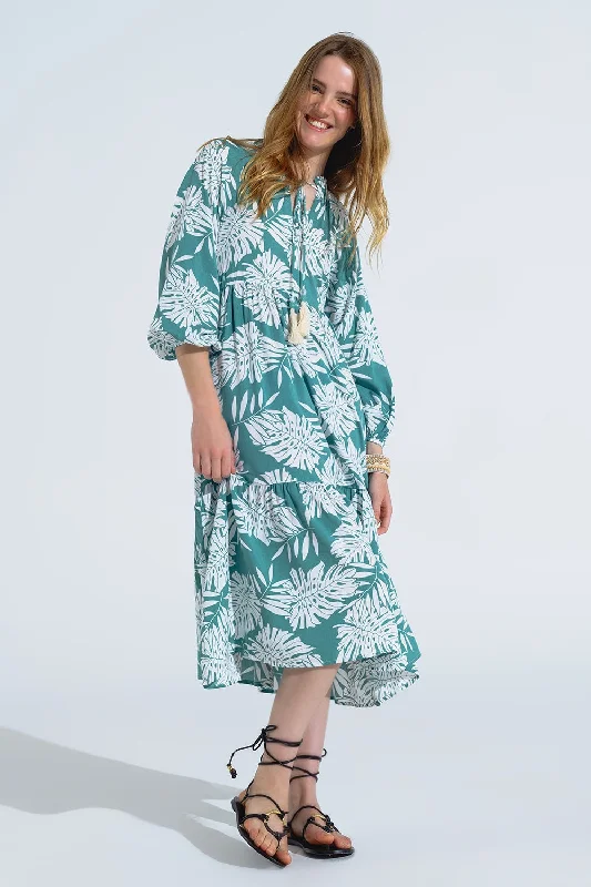 Limited Quantity Boho Maxi Dress With Balloon Sleeves and Leaf Print in Green