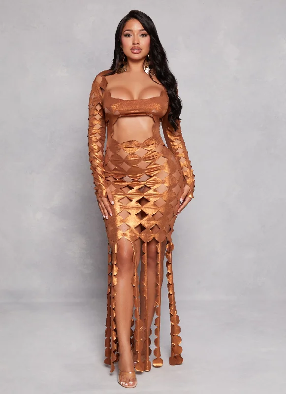 Flash Sale Metallic Cut Out Fringe Maxi Dress