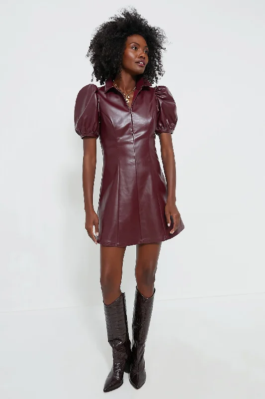 Weekend Discount Blast Burgundy Front Zip Faux Leather Mini Dress