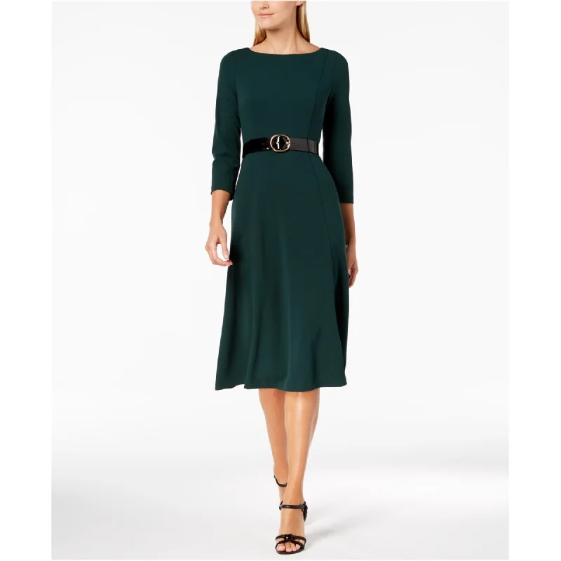 Limited Time Only Calvin Klein Womens Solid Belted Fit & Flare Midi Dress, Green, 2