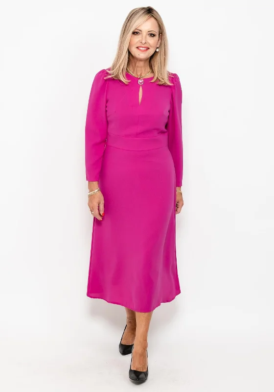 Weekend Shopping Spree Camelot Button Neck A Line Midi Dress, Magenta