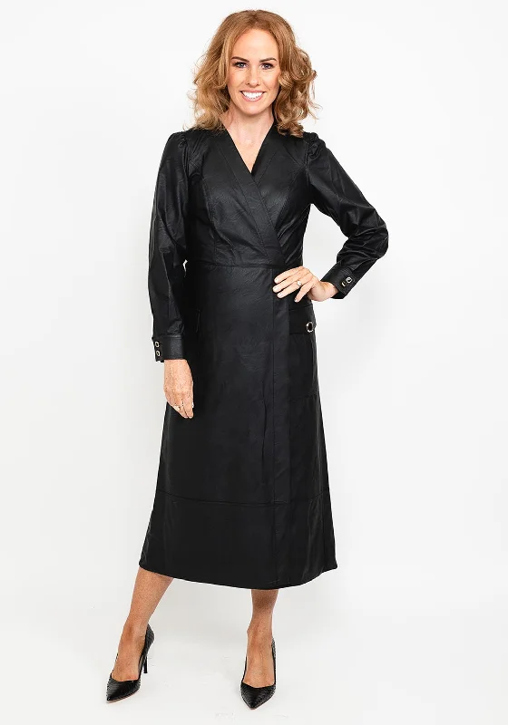Weekend Sale Frenzy Camelot Faux Leather Wrap Midi Dress, Black