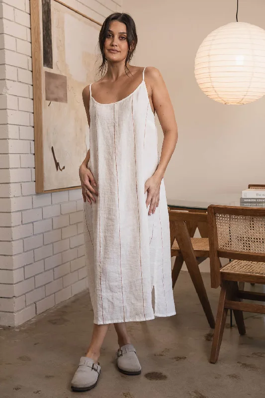 Limited Stock Carter Fundamental Linen Midi - Off White w' Nutmeg Fine Stripe