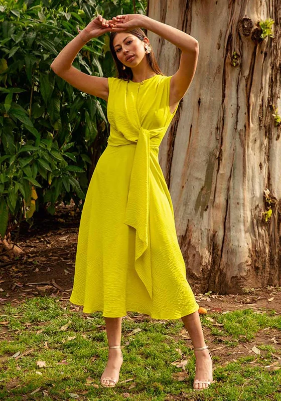 Weekend Price Drop Event Cayro Drape Waist A-Line Midi Dress, Lime