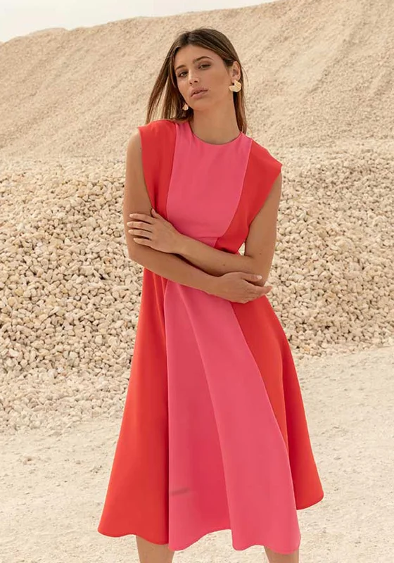 Weekend Deal Fever Cayro Contrast Colour Block Midi Dress, Red & Pink