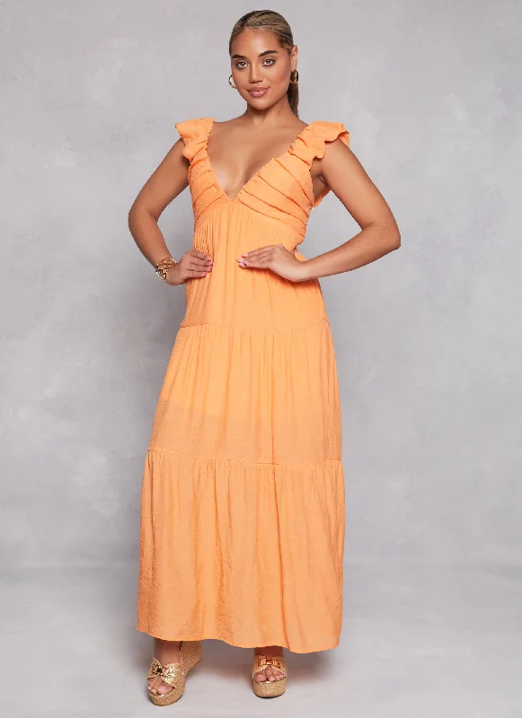 Exclusive Offer Ruched V Neck Tiered Maxi Dress